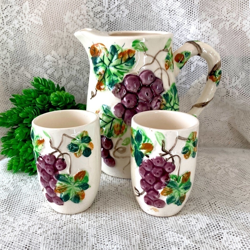 Vintage MCM Ceramic Pitcher and 2 Water Glasses. Made in Japan.